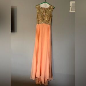 Tony Bowls Peach Maxi Gown with Gold Beaded Bodice